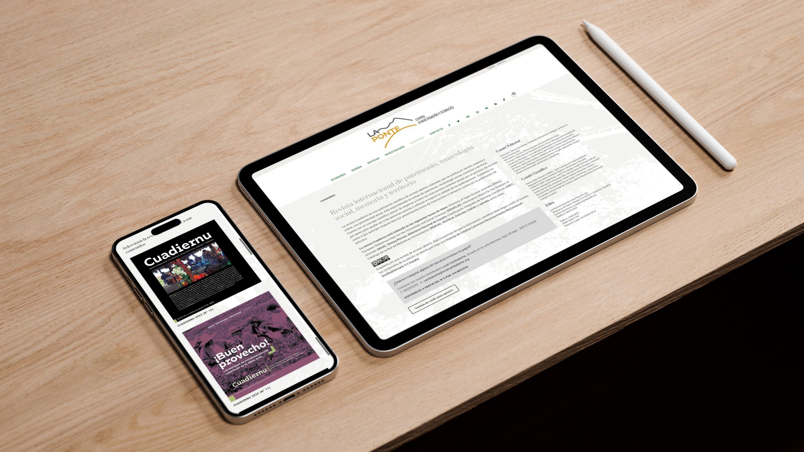 Simuación en un Ipad y un teléfono móvil de laponte.org un trabajo de diseño web de Básico Estudio.